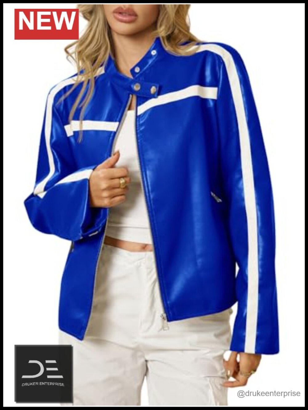 Faux Leather Bomber Jacket Zip Up Moto Biker Racing Coat Casual Y2K